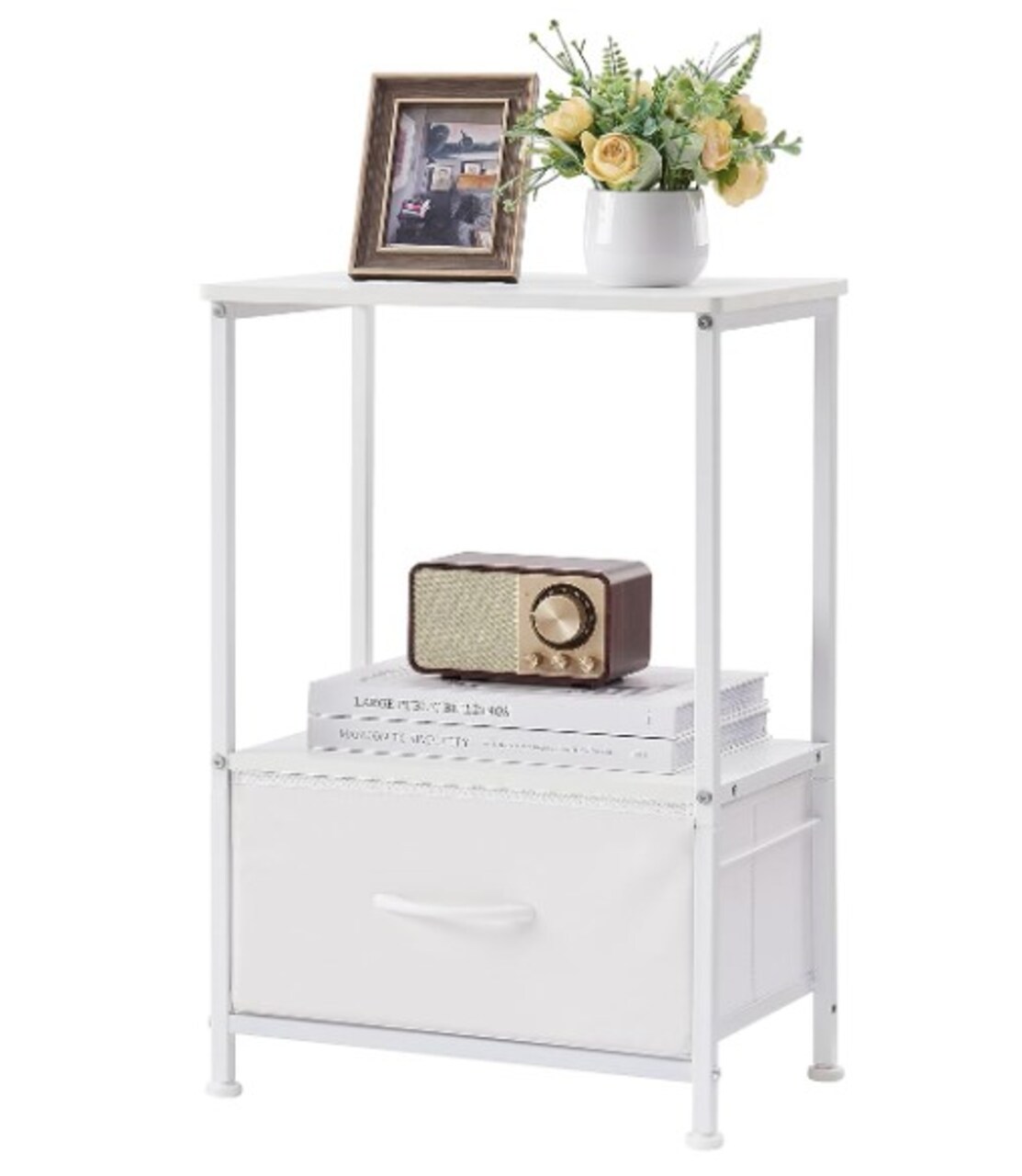 White Leather Nightstand, 24.6'' Height Bedside Table End Table for Bedroom Nursery Living Room - Removable Fabric Drawer, Open Storage Shelf, Sturdy Steel Frame, Durable Wood Top